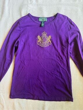 Ralph Lauren Purple Long Sleeve Tee with Gold Embroidered Crest
